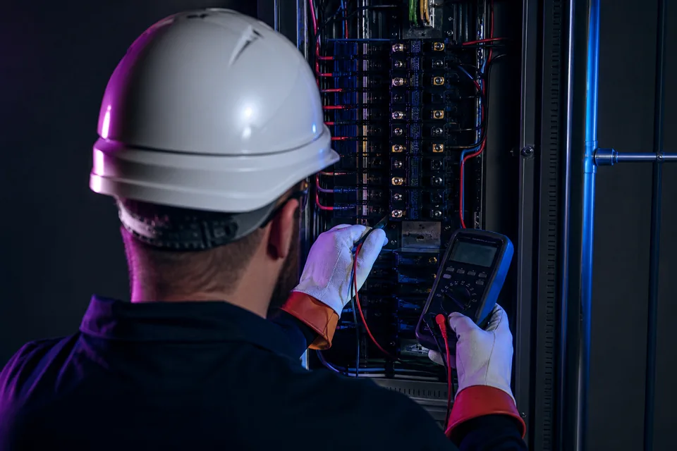 Licensed electrician inspecting a commercial panel